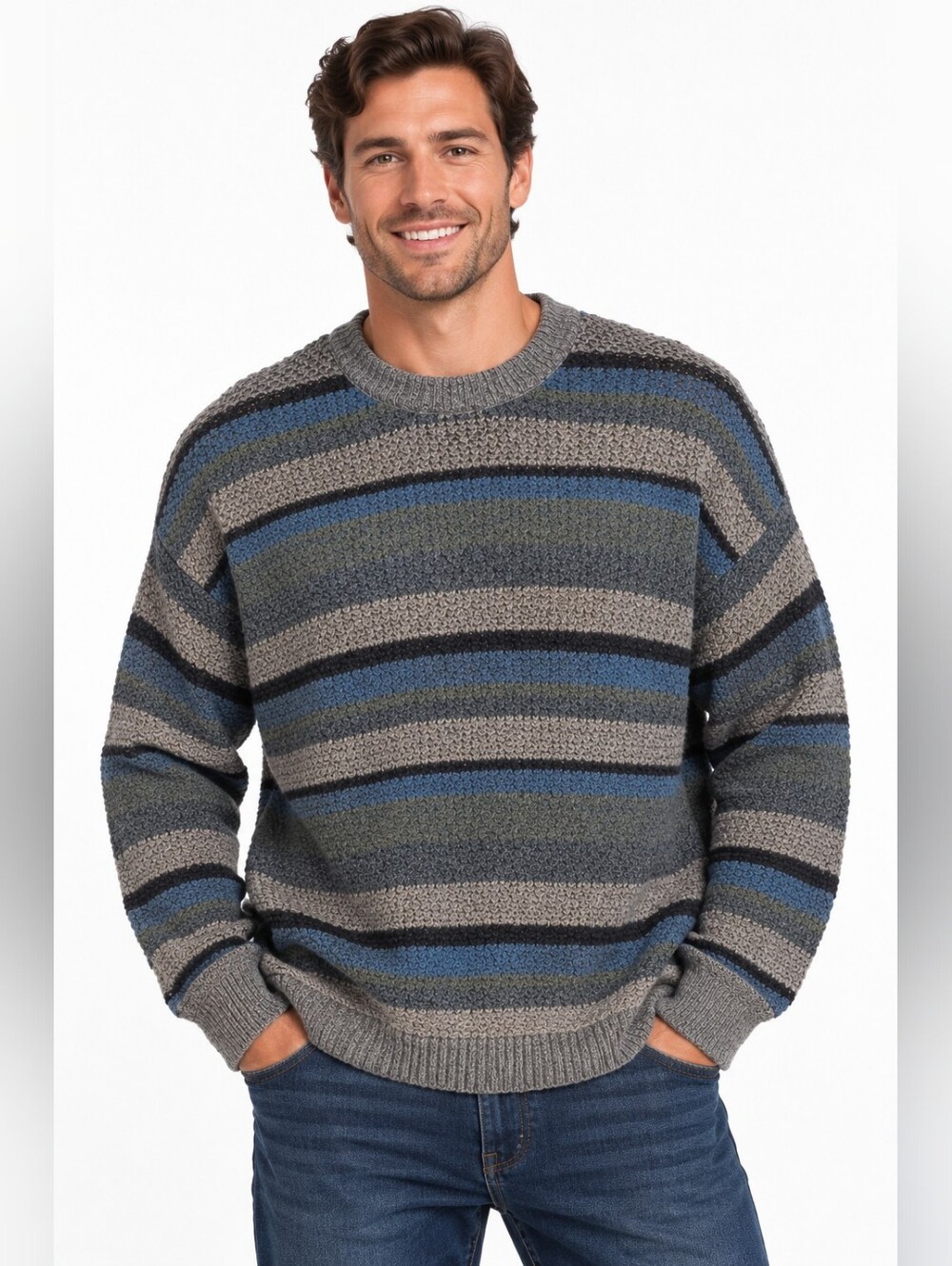 Tris Line Italy Men Striped Wool Blend Sweater Gray XL Vintage Knit 3D Texture